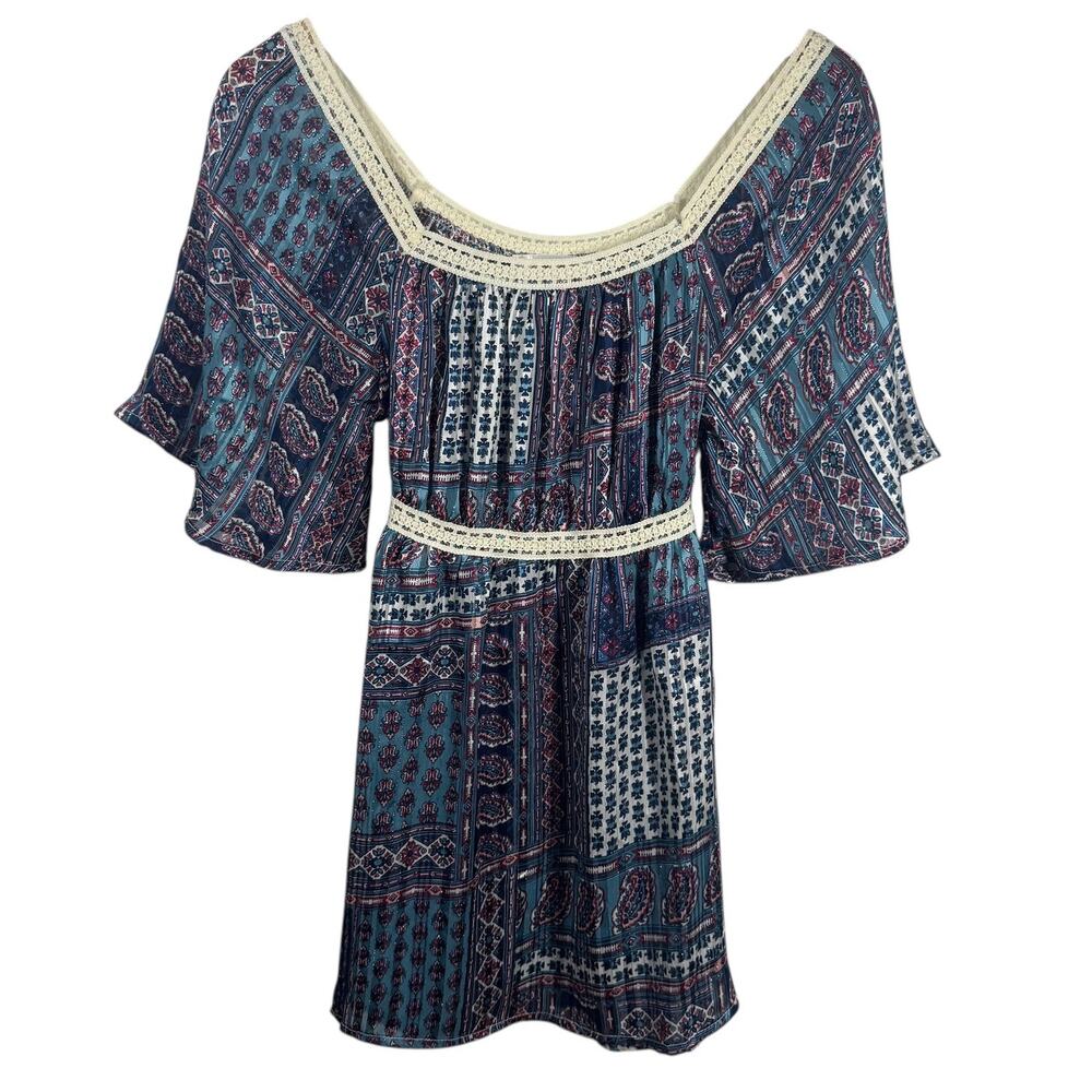KontroL Top Women S Blue Pink Metallic Details Sparkle Lace Empire Boho Cottage